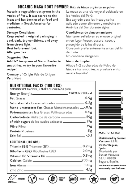 maca superfoods super foods powder organic label nutrition